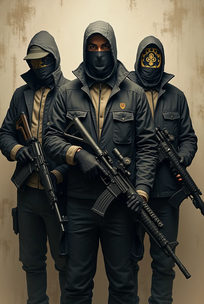 Four man's standing together holding rendom guns with unknown face logo