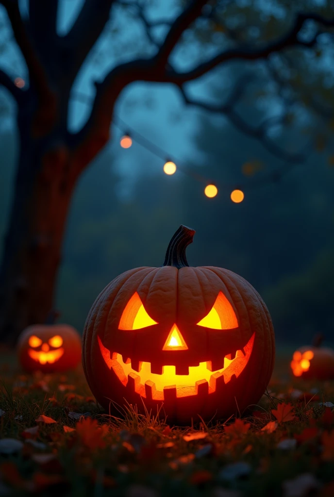 a pumpkin with a lit candle in the middle, hallowen,Halloween atmosphere, Glowing pumpkins under a tree, Halloween scene, Spooky lighting, Halloween,spooky Halloween theme, terrified