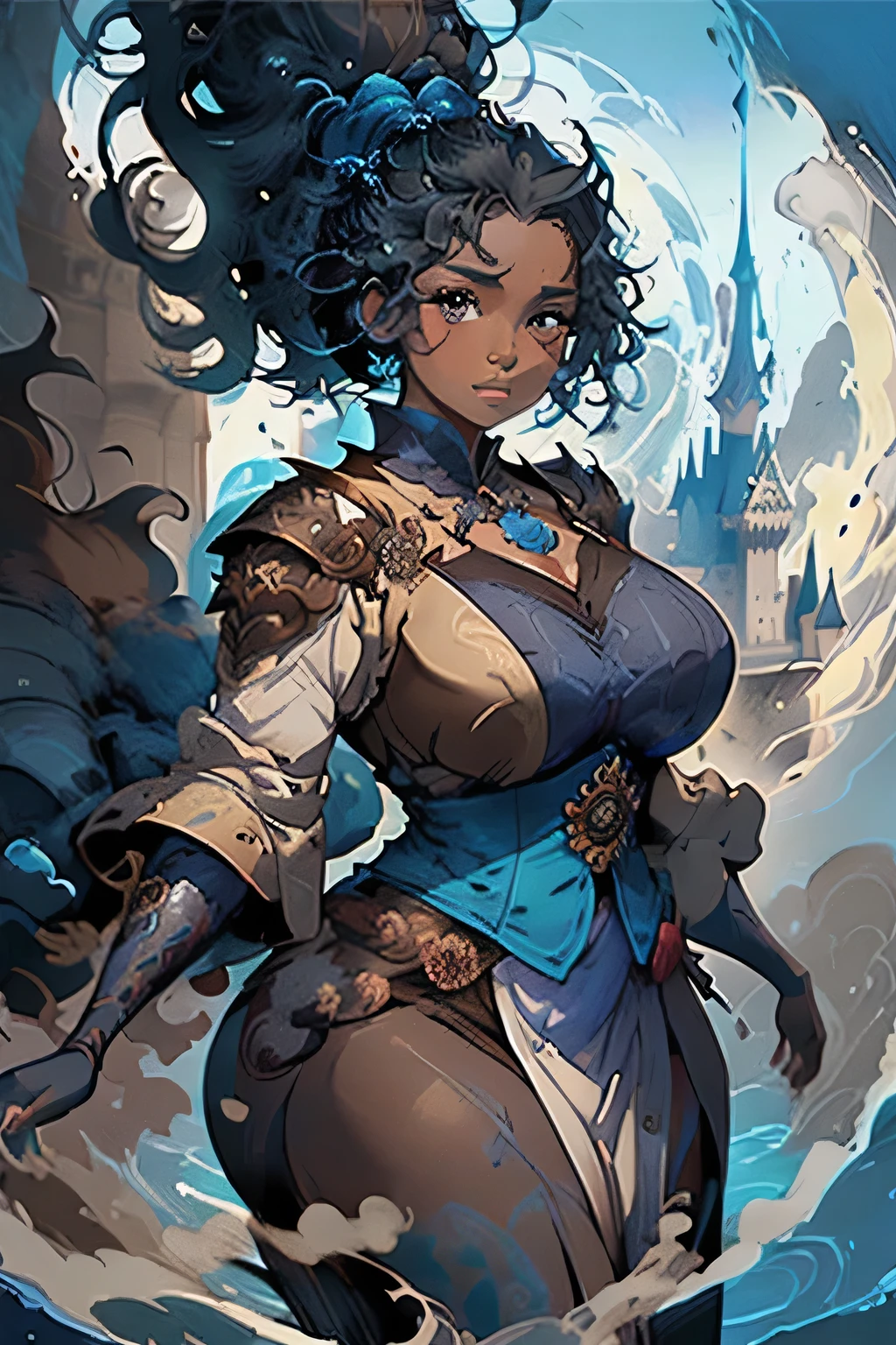 Anime illustration of brown skin latina girl, 25 year old, plus size, curvy, overweight, black round eyes, black curly hair, full lips, sleek design, brown skin, sideswept hairstyle, round face, fantasy, blue royalty outfit, queen, princess, water magic, blue magic, castle background, dynamic light, 