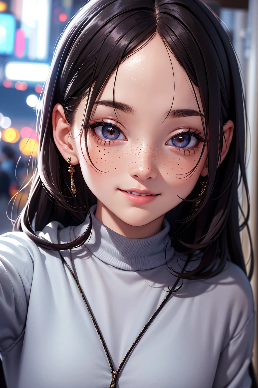 highy detailed: 1,5, high resolution, detailed lines and colors, perfect lighting, face detailed, detailed hair, detailedeyes, detailed nose, detailed lips. an adult and beautiful girl:1,9, wearing a sweatshirt, with freckles on his face, with smile on face, city at night.