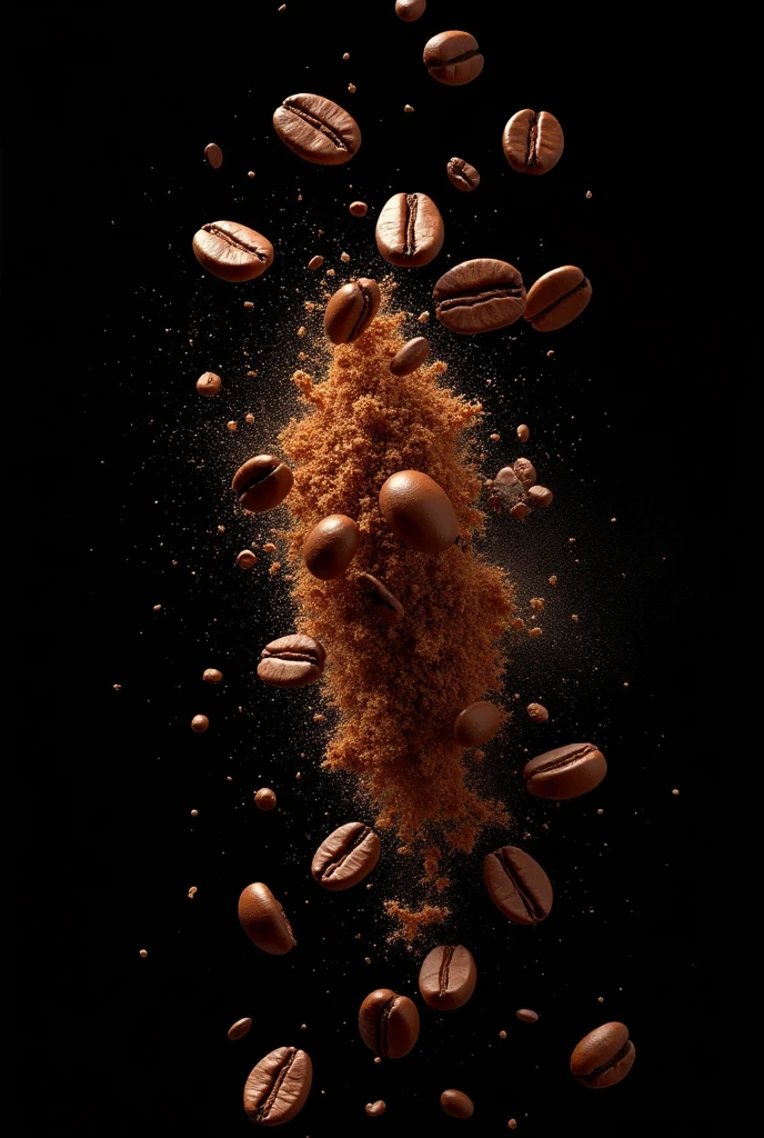 generates an image that has many coffee beans colliding in the air with each other with a black background and it is seen that when they collide it becomes ground coffee, eliminates the layer of beans that are on the ground and makes it look more natural 