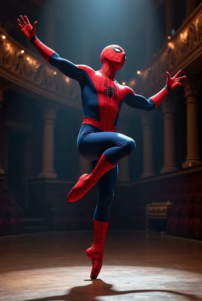Spider-Man on stage in his classic red and blue suit, He's mid-ballet routine, striking a graceful pose. One leg is extended high in the air while he balances perfectly on the toes of his other foot, his muscles clearly defined under the tight fabric.he's fully committed to the performance, arms raised in a perfect fifth position, and his masked face turned slightly to the side, as if lost in the music. The contrast between his tough, crime-fighting exterior and the delicate, poised nature of ballet creates a wonderfully absurd yet charming image, gracefully dancing in the spotlight of a grand theater.