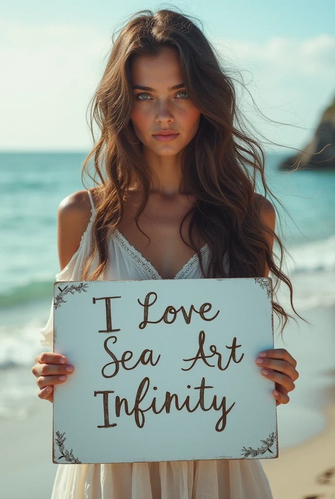 Beautiful girl with wavy long hair, bohemian dress, holding a white board with text "I Love Seaart Infinity" and showing it to the viewer