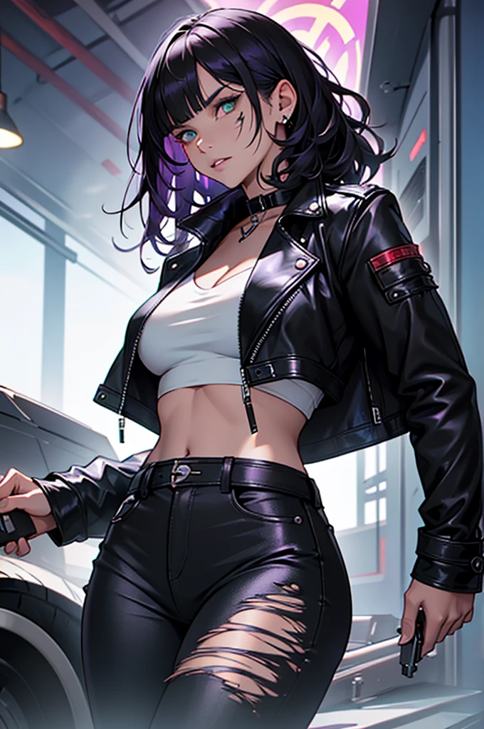 ((best quality)), ((masterpiece)), (detailed), perfect faceWoman, greeneyes, SPIRAL SCARS, shorth hair, WAVY FRINGE, black leather jacket, black pants, white blouse, spiral scars on the neck, black curly hair with purple parts, holding a gun, Woman, medium hair