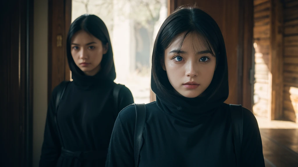 One woman, approximately 25 years old, in loose, lightweight black clothing, wearing a prominently visible balaclava. She has striking blue eyes, adding to the atmosphere. The woman is depicted from the waist up, in random, beautiful locations and in various natural poses. Her face and other visible parts of her body are rendered with maximum detail and high quality. The background and her pose are randomly generated, creating a unique and unpredictable scene with a sense of mystery and solitude. The image features soft, diffused lighting and a shallow depth of field, enhancing the overall mood.