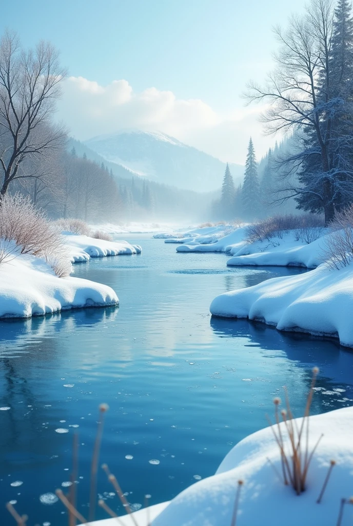 Winter Water Pollution: in winter, The buildup of contaminants such as salts and chemicals in water due to melting ice can affect water quality and aquatic ecosystems.. create a background inspired by that