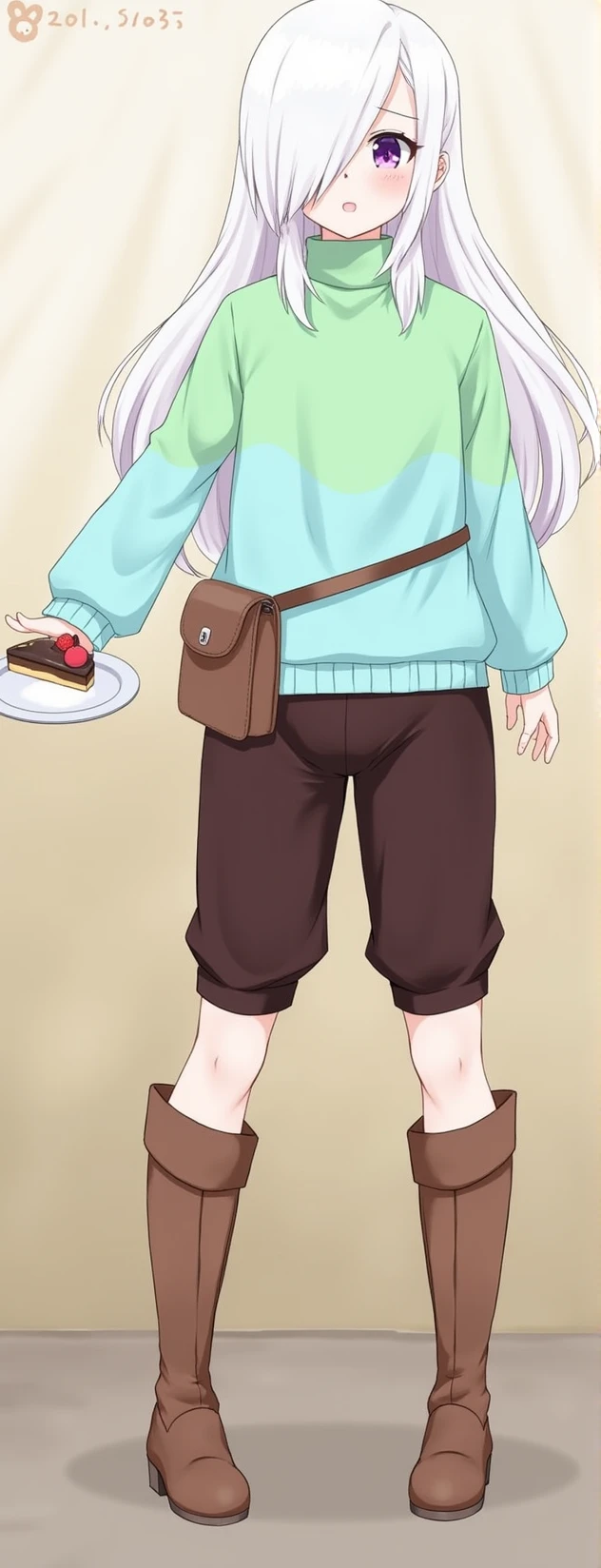 A girl, 13 years, purple eyes, long white hair with a strand covering his left eye, wearing a green and light blue sweater, holding a plate with a cake on it