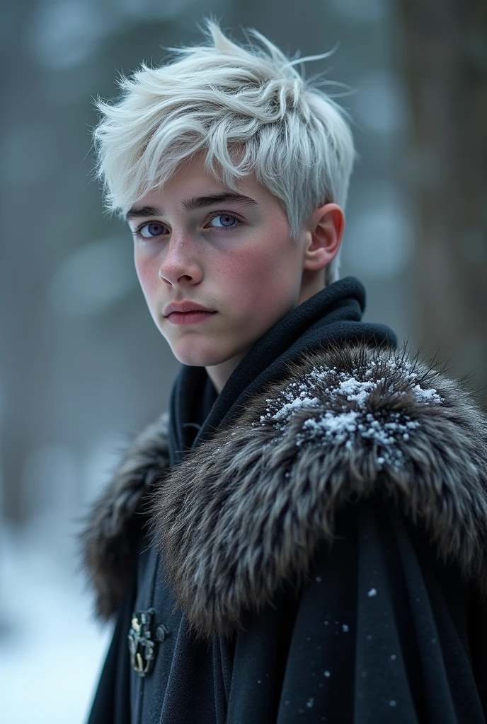 A targaryen teenager boy with 17 years with silver short hair and purple eyes, Winterfell scenary, three dragons