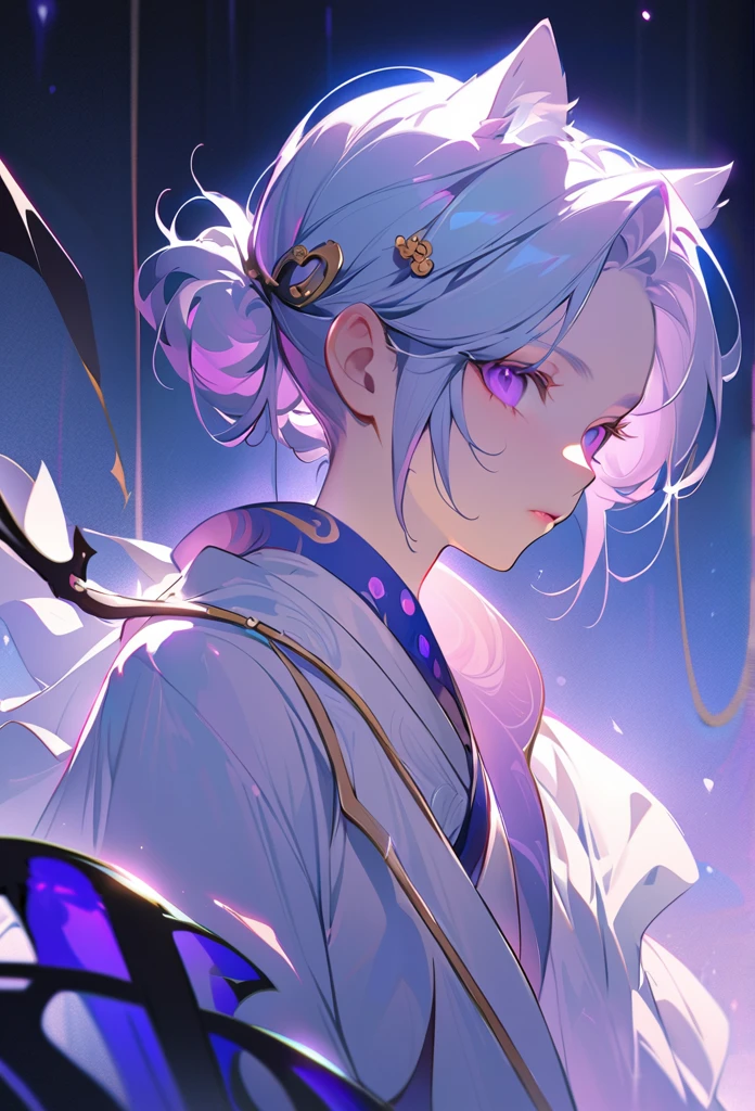 [Core Concept] An ethereal, hybrid character from the donghua "Tian Guan Ci Fu", with the appearance of a 13-year-old boy.

[Character Description] A male character with wolf-like ears, long white hair tied up with a delicate Asian-style hair clip, and a soft, youthful expression. His pale skin and captivating eyes, with irises of a mesmerizing purple-blue hue, lend him an otherworldly beauty.

[Environment/Background] The character is set against a neutral, minimalist backdrop, allowing the focus to be on the captivating details of his appearance.

[Style and Atmosphere] The overall aesthetic is one of gentle elegance and mysticism, blending traditional Chinese elements with a touch of the supernatural.

[Composition] The character is positioned centrally, with a serene, contemplative pose, drawing the viewer's attention to the intricate details of his face and attire.

[Details and Embellishments] The character wears delicate, flowing white robes with a feminine silhouette, complemented by a light touch of make-up that enhances his youthful, androgynous features.

[Technical Specifications] The image is rendered with a high level of detail and realism, capturing the nuances of the character's expression, textures, and the interplay of light and shadow.