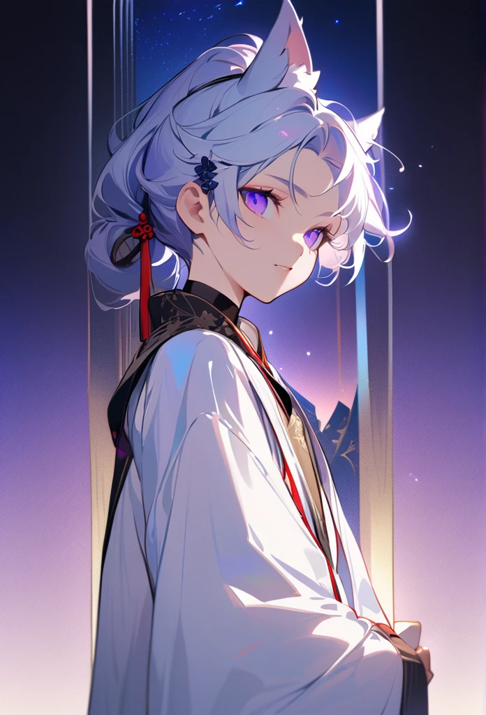 [Core Concept] An ethereal, hybrid character from the donghua "Tian Guan Ci Fu", with the appearance of a 13-year-old boy.

[Character Description] A male character with wolf-like ears, long white hair tied up with a delicate Asian-style hair clip, and a soft, youthful expression. His pale skin and captivating eyes, with irises of a mesmerizing purple-blue hue, lend him an otherworldly beauty.

[Environment/Background] The character is set against a neutral, minimalist backdrop, allowing the focus to be on the captivating details of his appearance.

[Style and Atmosphere] The overall aesthetic is one of gentle elegance and mysticism, blending traditional Chinese elements with a touch of the supernatural.

[Composition] The character is positioned centrally, with a serene, contemplative pose, drawing the viewer's attention to the intricate details of his face and attire.

[Details and Embellishments] The character wears delicate, flowing white robes with a feminine silhouette, complemented by a light touch of make-up that enhances his youthful, androgynous features.

[Technical Specifications] The image is rendered with a high level of detail and realism, capturing the nuances of the character's expression, textures, and the interplay of light and shadow.