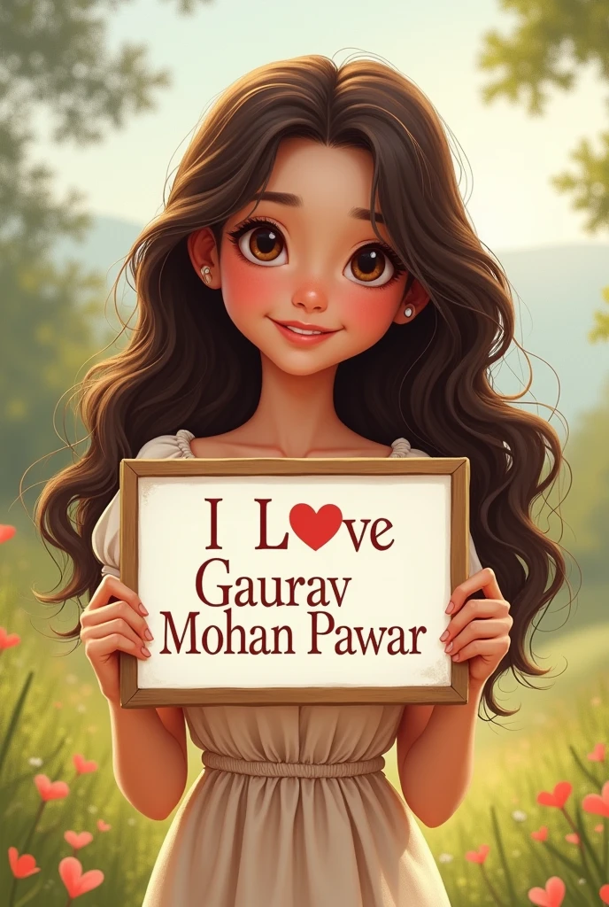 Cute girl with wavy long hair, western dress, holding a white board with text "I Love Gaurav Mohan Pawar " and showing it to the viewer