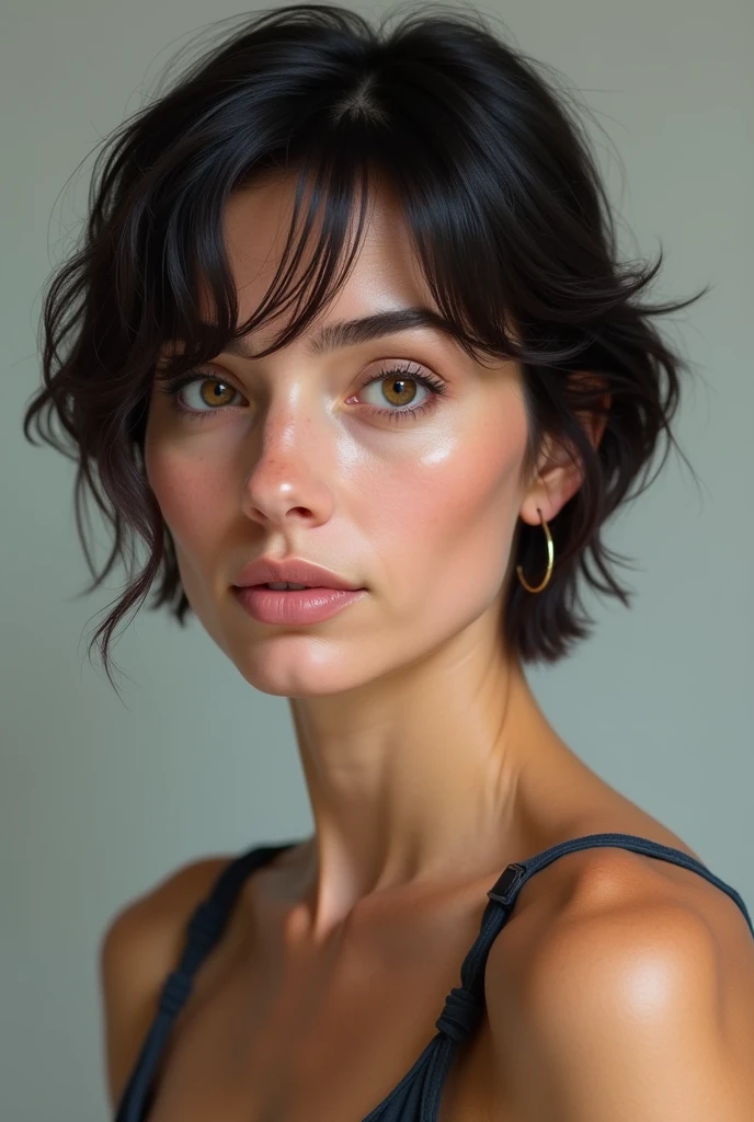 Woman pale White 35 years old short black hair nose a little big mouth fleshy hazel eyes