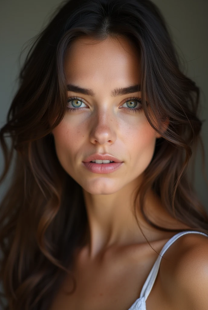 Visage d'une Magnifique femme de moins de 25 ans, with dark brown hair, aux yeux clair

