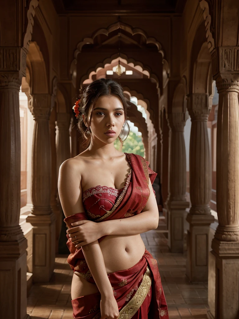 [Core Concept] A photorealistic portrait of actress Scarlett Johansson wearing a vibrant red and black Indian saree.

[Character Description] Scarlett Johansson is depicted with her signature porcelain skin, piercing green eyes, and a serene, contemplative expression. Her raven hair is elegantly draped over one shoulder, accentuating the intricate embroidery and flowing fabric of the traditional Indian garment.

[Environment/Background] The scene is set against the backdrop of an ornate, heritage Indian building. Ornamental arches, intricate stonework, and lush greenery create a captivating, culturally-rich environment that complements the subject's attire.

[Style and Atmosphere] The overall style is one of ultra-realism, with meticulous attention to detail and photographic accuracy. The lighting and color palette evoke a sense of timelessness, blending the modern subject with the historic architectural elements.

[Composition] The composition places Scarlett Johansson centrally, her figure occupying a significant portion of the frame. The background elements provide a visually striking, yet harmonious, balance to the subject.

[Details and Embellishments] The saree's vibrant red hue is offset by delicate black floral patterns, while the ornate jewelry and accessories add an air of elegance and cultural significance. The textures and folds of the fabric are rendered with exceptional realism.

[Technical Specifications] This image is a highly detailed, photorealistic digital painting or composite, showcasing the subject's beauty and the rich cultural heritage of India.