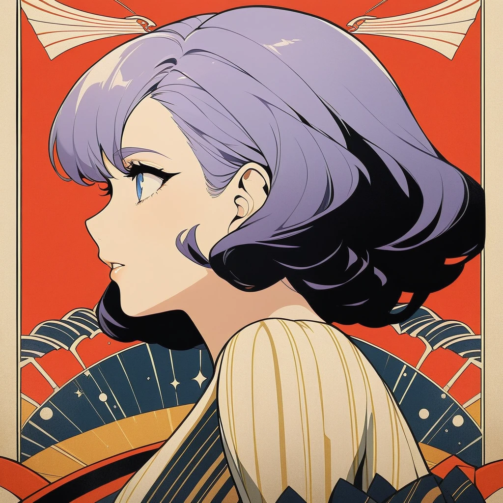 classy woman in a dress, mature woman, slanted eyes,  1girl, light purple hair, long hair, blue eyes, extreme close up side profile, black clothes, red background, centred, art deco, movie poster, masterpiece, 4k, hd, best quality, detailed, thick line art, variable line art, vintage poster, carnival style, extravagent,