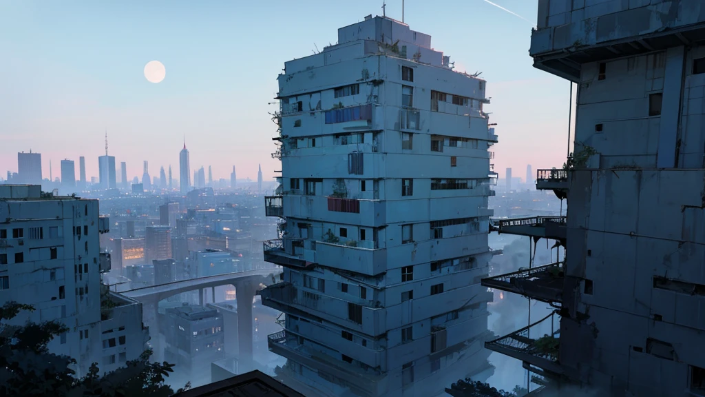 create a scene from the top of a building at night. in an abandoned city taken over by plants. the sky is clear and the moon is full.