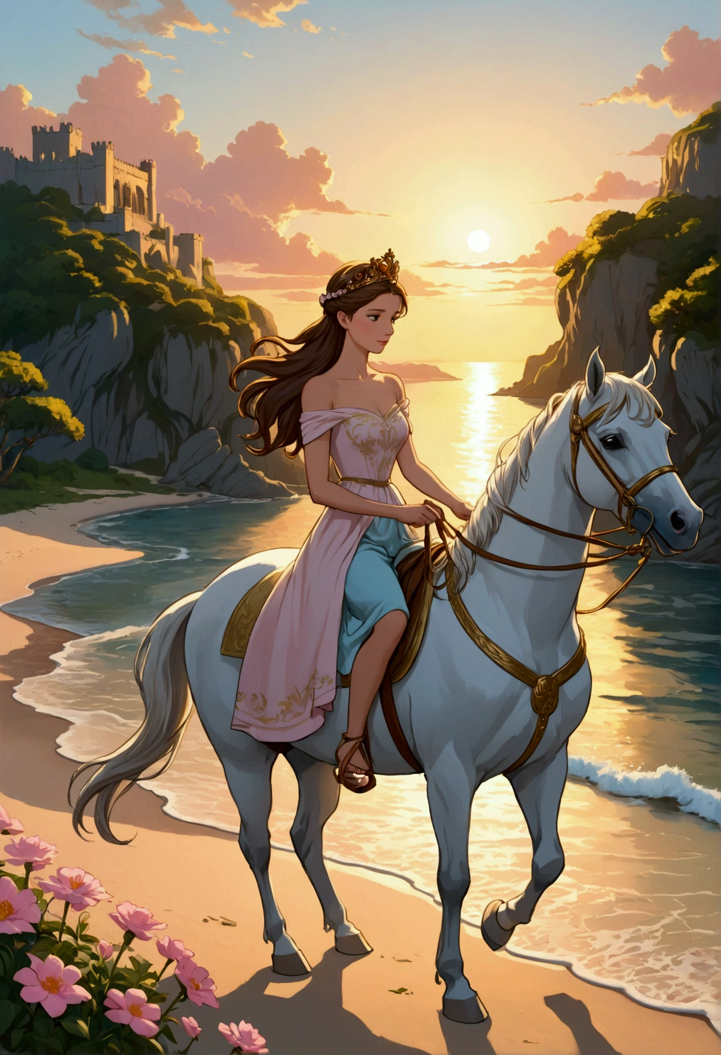 A stunning 3D anime-style illustration featuring the names "The Loyal Pin" in a captivating metallic gold font. The image depicts an idyllic scene of two women in love, riding a magnificent white horse along the shoreline at sunset. The first woman, Freen Sarocha, has dark brown hair in a braid and wears a delicate crown of pink flowers, a white shoulderless gown, and sandals. She holds the horse's reins and gazes at her beloved. The second woman, Becky Armstrong, is a British woman with light brown hair in a ponytail, wearing a light blue, floor-length, shoulderless gown and sandals. The bond between the two women is evident as they share a tender moment atop the majestic steed.