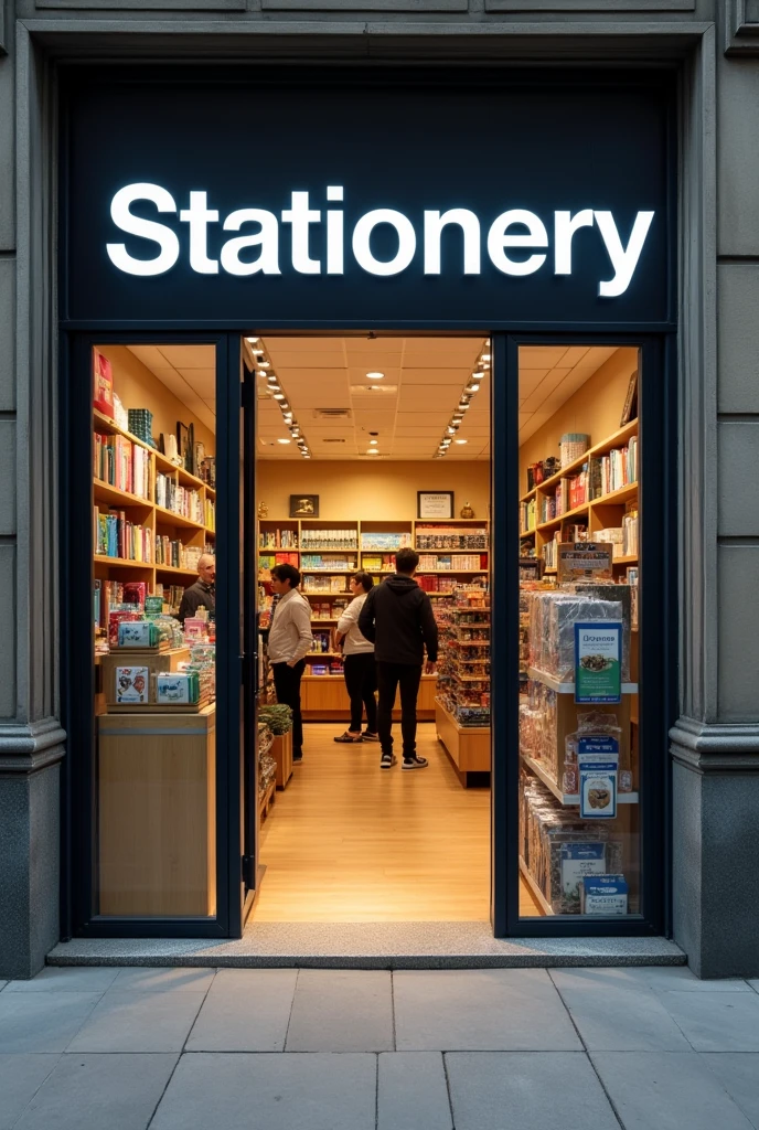  view of the stationery store from the outside with the doors open and with customers entering the store.
