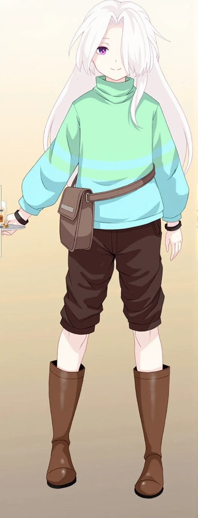 A girl, 13 years, purple eyes, long white hair with a strand covering his left eye, wearing a green and light blue sweater, holding a plate with a cake on it