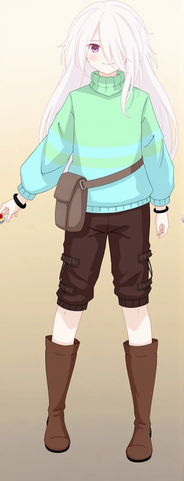 A girl, 13 years, purple eyes, long white hair with a strand covering his left eye, wearing a green and light blue sweater, holding a plate with a cake on it