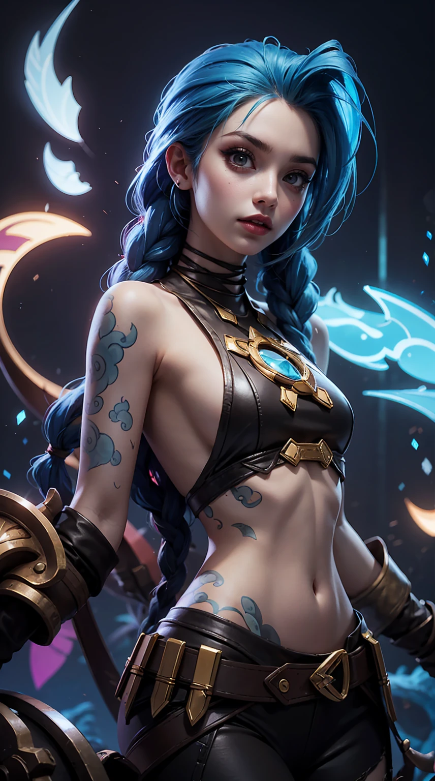 Masterpiece, Jinx from Arcane, flirty expression, transparent bodystocking and fishnets, secret lair background, intricately detailed background, (UHD, 8K wallpaper, High resolution), Cinematic lighting, award-winning, extremely detailed skin, extra detailed face, high detail eyes, photo-realistic, Zeiss 85 mm F/1.4, by Ellen von Unwerth