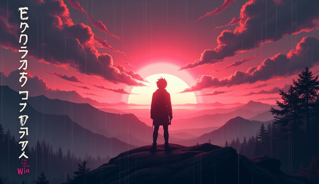 The scene features a determined anime person standing on a mountain, looking towards , Dark Environmental rising sun that symbolizes hope and new beginnings. The sky is filled with dynamic trees, Rainy clouds in shades of Dark Gray, pink, and purple. Use bold and Dark colors to emphasize the person's silhouette and the light from the sun. The text 'EveryDay is a chance to Win' should be placed in the left side of the frame by using a modern, Dusty , Bold and big size eye-catchy colour font with a messi effect."to delete the errors of this picture and make it look as fine as possible, but also keep the same gbasic idea., 3d render, illustration, poster and it should be in detail And image frame Ratio should be 16:9