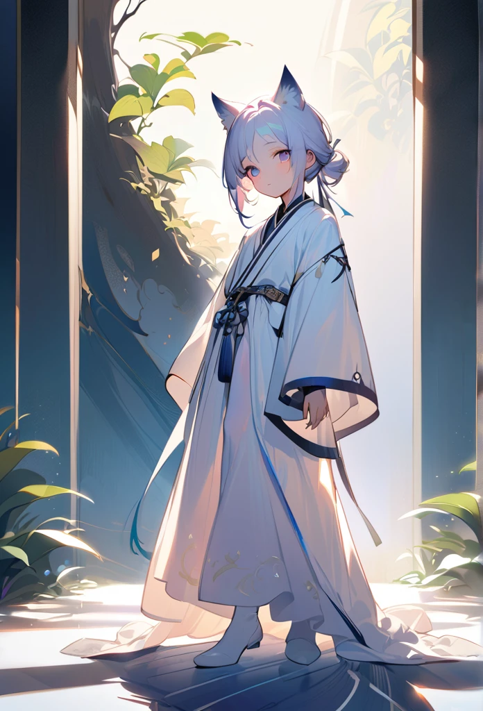 [Core Concept] An ethereal, hybrid character from the donghua "Tian Guan Ci Fu", with the appearance of a 13-year-old boy.

[Character Description] A male character with wolf-like ears, long white hair tied up with a delicate Asian-style hair clip, and a soft, youthful expression. His pale skin and captivating eyes, with irises of a mesmerizing purple-blue hue, lend him an otherworldly beauty.

[Environment/Background] The character is set against a neutral, minimalist backdrop, allowing the focus to be on the captivating details of his appearance.

[Style and Atmosphere] The overall aesthetic is one of gentle elegance and mysticism, blending traditional Chinese elements with a touch of the supernatural.

[Composition] The character is positioned centrally, with a serene, contemplative pose, drawing the viewer's attention to the intricate details of his face and attire.

[Details and Embellishments] The character wears delicate, flowing white robes with a feminine silhouette, complemented by a light touch of make-up that enhances his youthful, androgynous features.

[Technical Specifications] The image is rendered with a high level of detail and realism, capturing the nuances of the character's expression, textures, and the interplay of light and shadow.