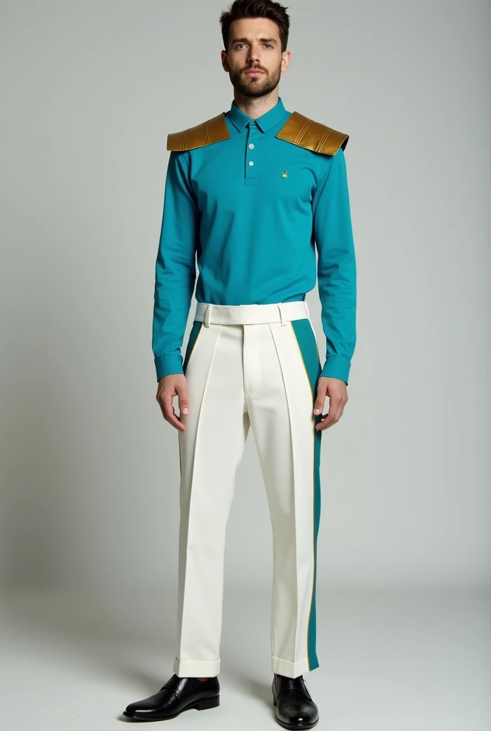 A man wearing a turquoise blue long-sleeved shirt, White pants with straight lines on the side in gold color, simple gold shoulder pads, black shoes