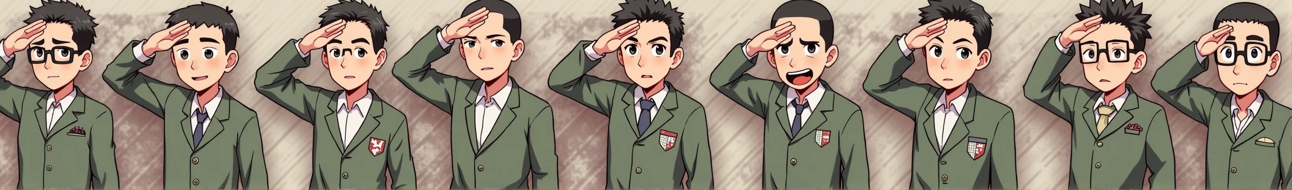 anime、salute、buzz cut、male、Glasses、Countless faces, big and small