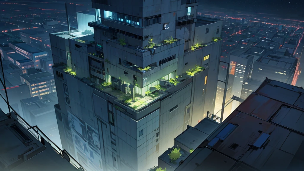 create a scene from the top of a building at night. in an abandoned city taken over by plants.