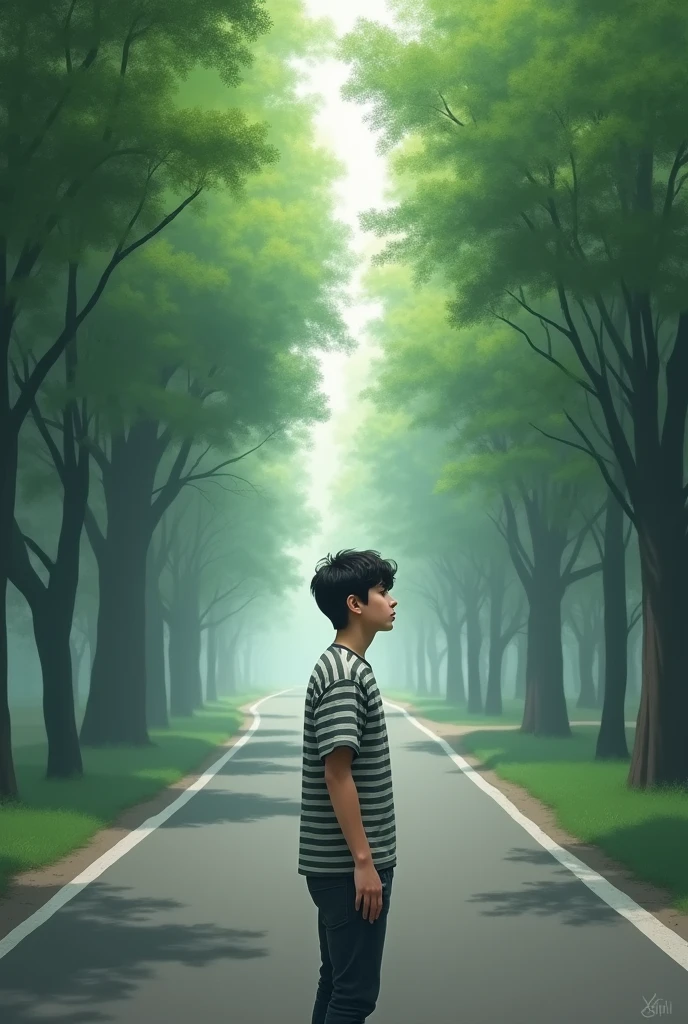 The image shows a young man standing in the middle of a tree-lined road. He is wearing a striped shirt and has dark hair.