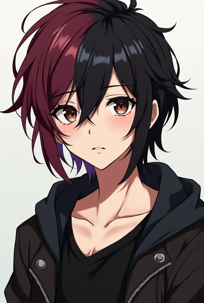anime style young man, light skinned. Medium long hairstyle. Short and straight chameleon. Black hair color on the right side and light burgundy hair color on the left. Dark brown eyes and serious face. Dressed like a punk.