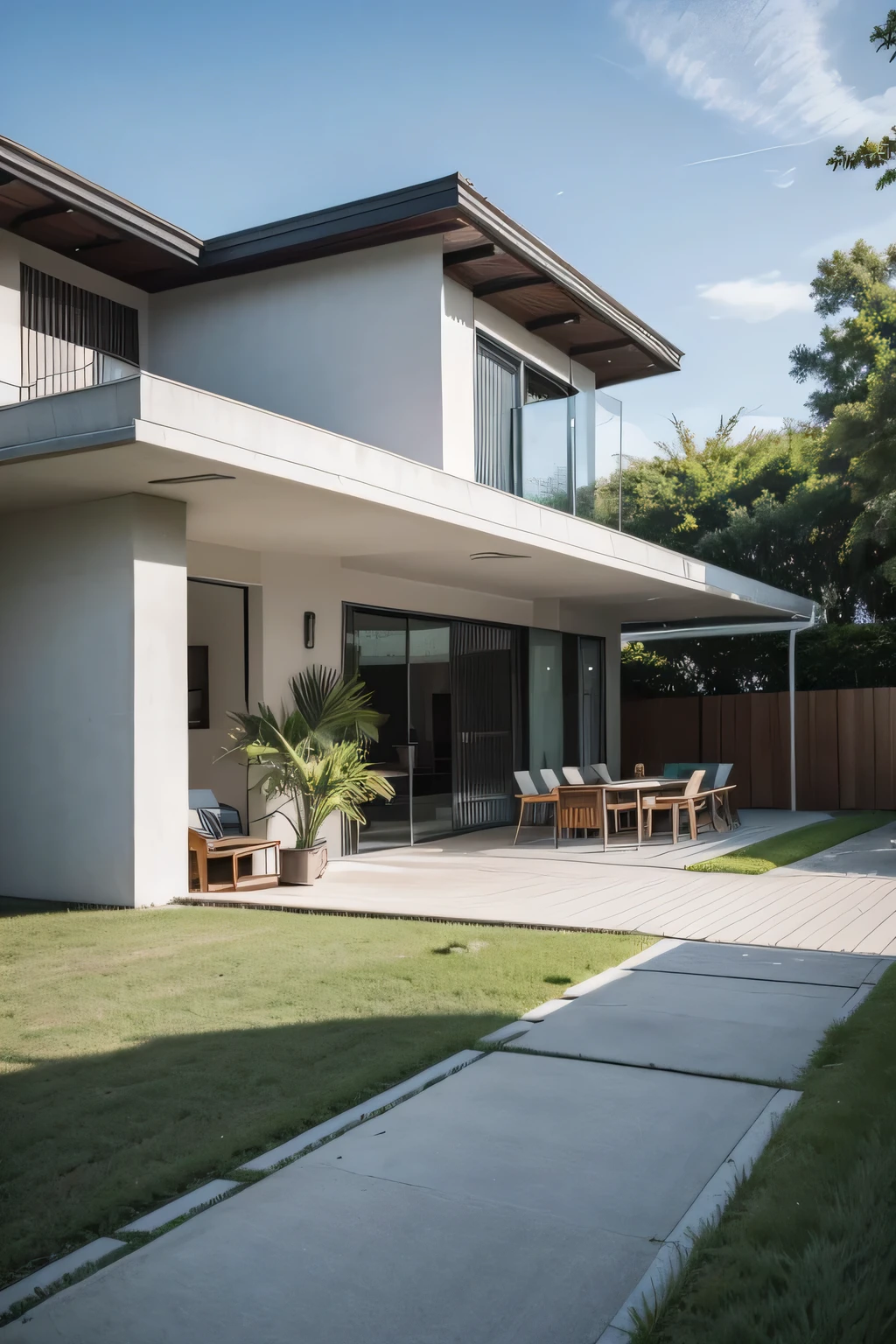 Front photo of a simple and modern Brazilian house, valued between 100 and 200 thousand reais. The house must have shades of gray, a front yard with green grass and a simple garden. The style of the house is contemporary, with straight lines, flat roof, large glass windows, and a wooden door. The lighting is natural, during daytime, and the composition is centered on the house.
