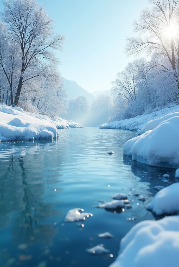 Winter Water Pollution: in winter, The buildup of contaminants such as salts and chemicals in water due to melting ice can affect water quality and aquatic ecosystems.. create a background inspired by that