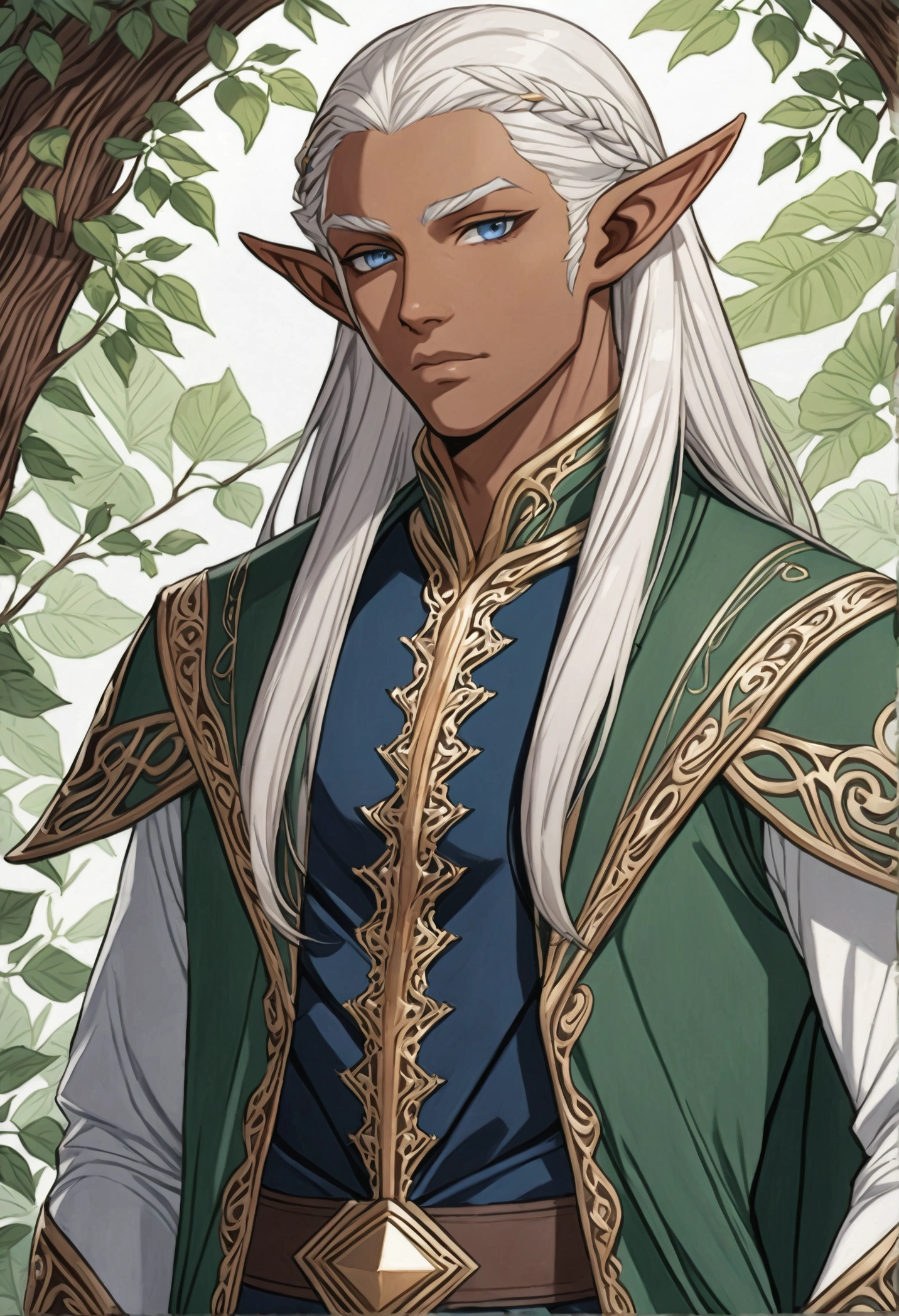  elf male with pointy ears brown skin white hair dark blue eyes wearing a brown overcoat archery equipment pants shoes and very handsome wavy silver hair down to the shoulder 