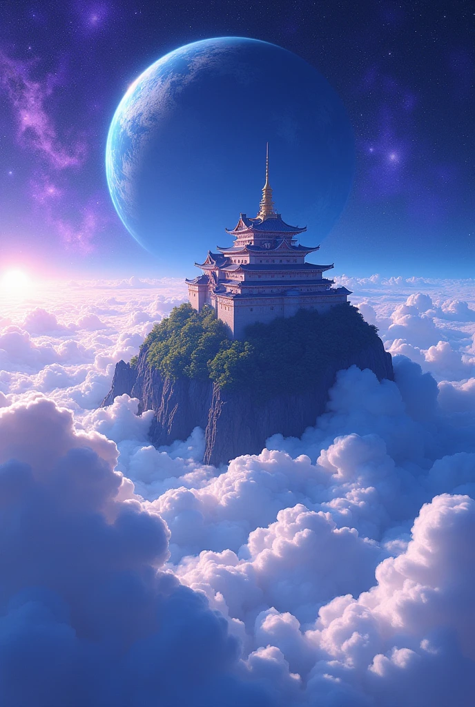 Japanese castle space station clouds planet blue purple fantasy