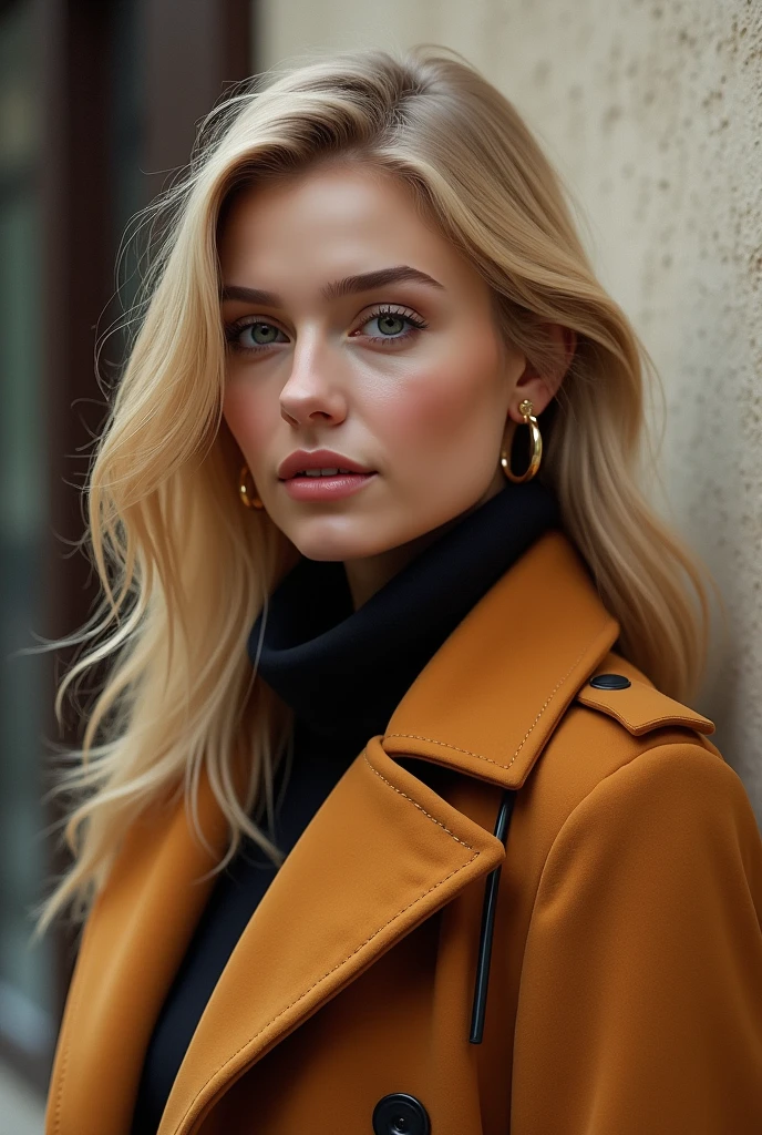 Generate a picture of a women from Azerbaijan she is blond and wearing coat