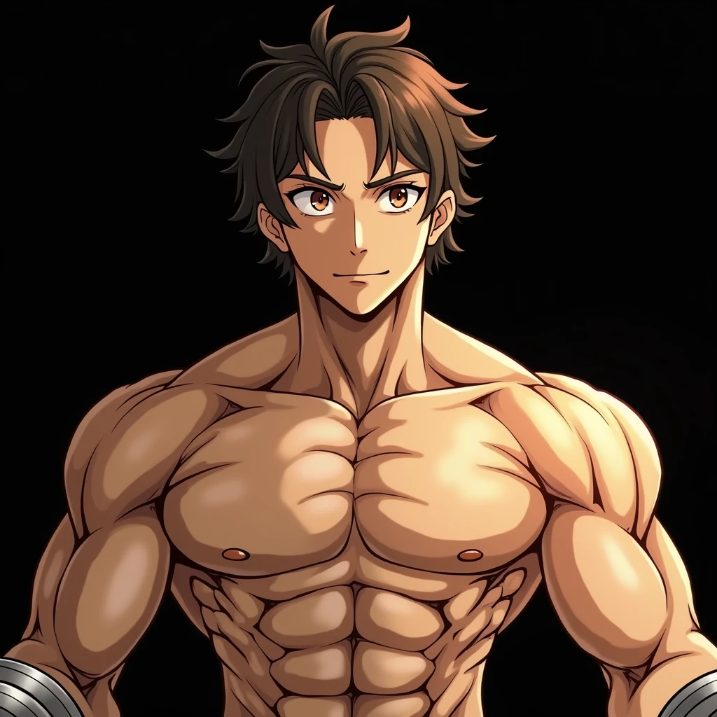 Create an anime-style character with the same appearance as the provided image, holding a dumbbell in each hand. The character should be in a bicep curl pose, showcasing muscles and strength