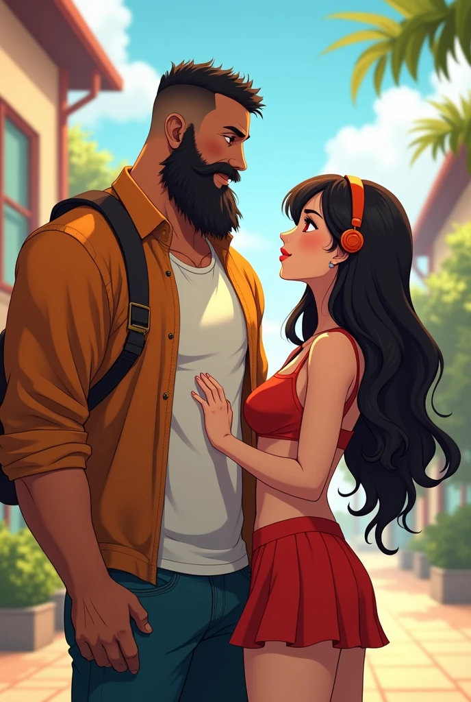 A 7-foot tall, muscular man with a big black beard with hints of white, styled in a French Crop, and brown eyes. He is wearing a vibrant, casual outfit suitable for a college campus, animated in a realistic style with vibrant colors and detailed features. Beside him stands a 6-foot tall woman with a muscular yet feminine build, Western-style hair, red eyes, and a face cut with a sexy look. She’s dressed in a vibrant, stylish cut-slip dress. The scene is in a surrealistic anime style, with a warm, sunny background reflecting their first meeting.