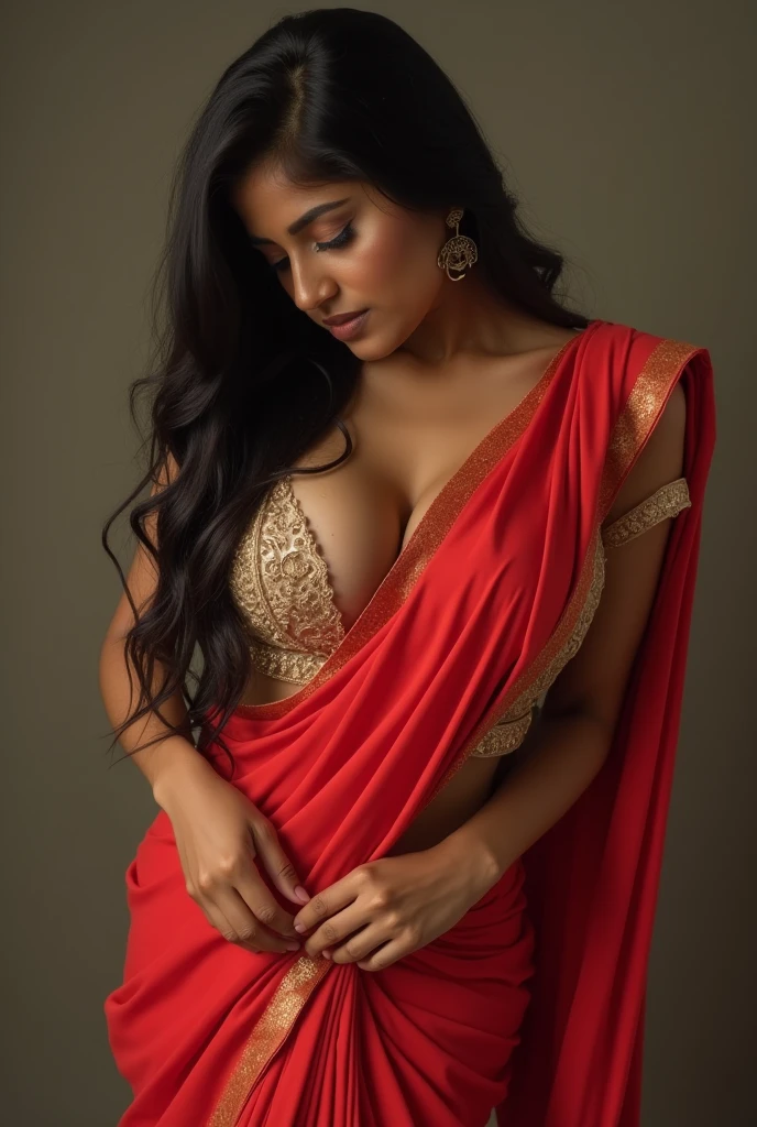 A beautiful curvy indian woman with big boobs wearing modern saree