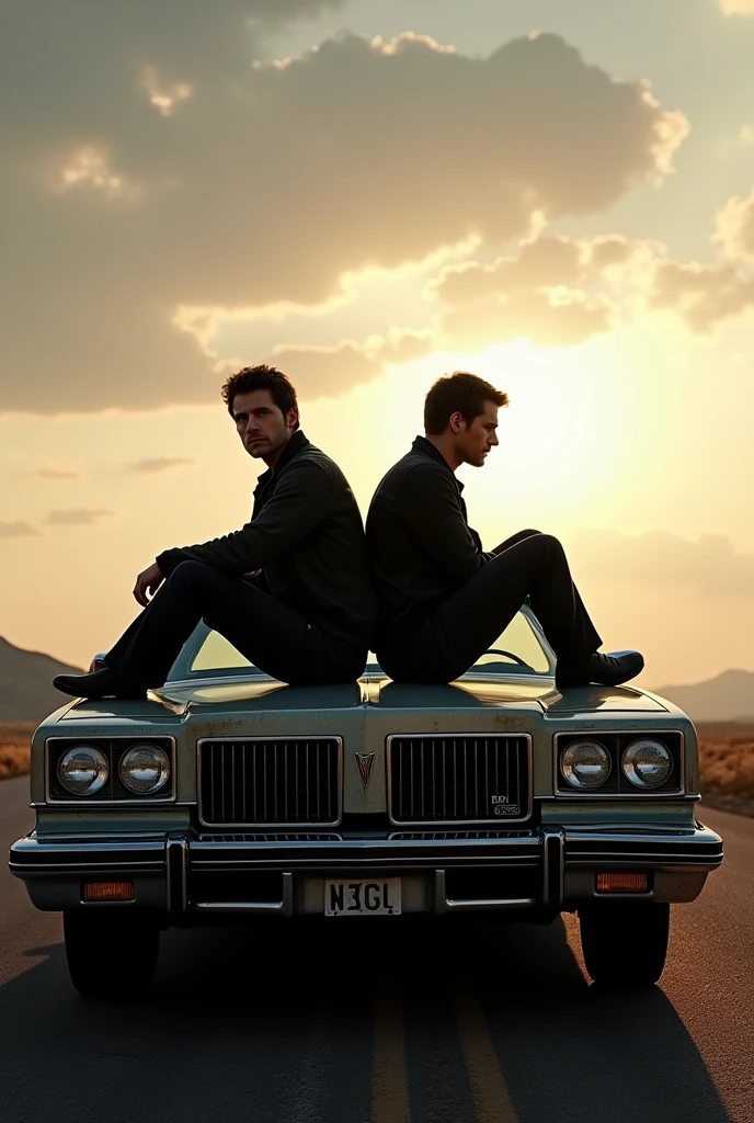 Create a picture of Dean Winchester and Sam Winchester Supernatural sitting on the hood of your &#39;77 opal car 