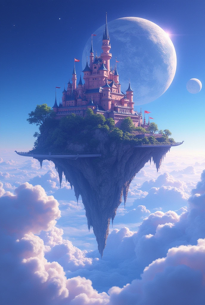 Japanese floating castle space station clouds planet blue purple fantasy