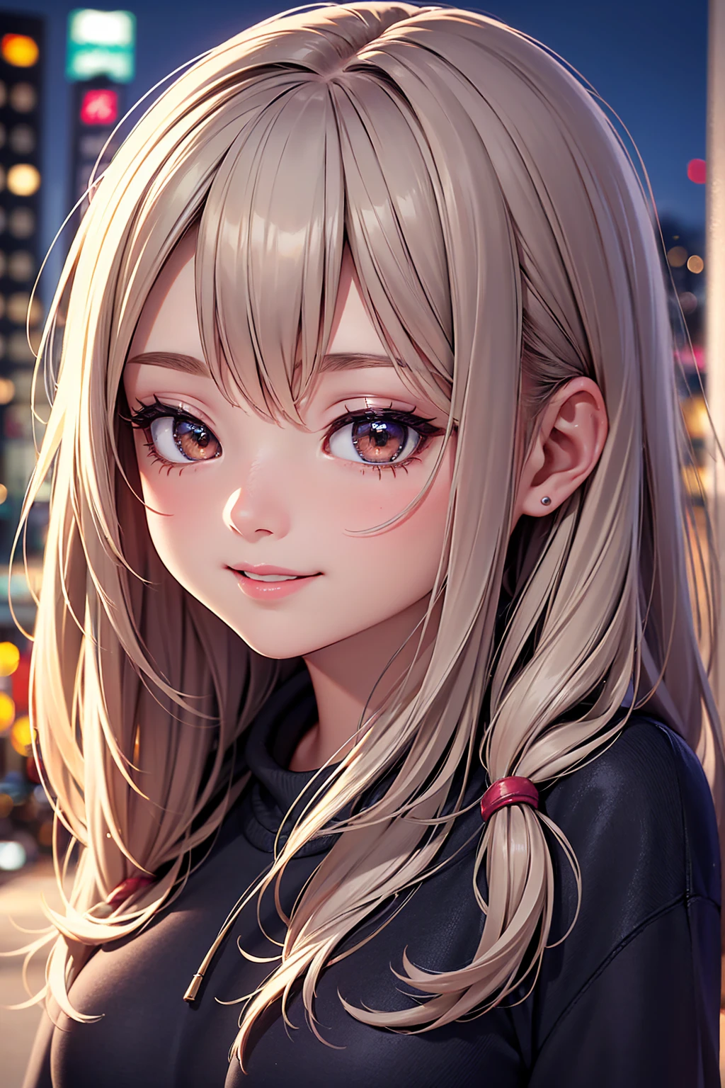 highy detailed: 1,5, high resolution, detailed lines and colors, perfect lighting, face detailed, detailed hair, detailedeyes, detailed nose, detailed lips. an adult and beautiful girl:1,9, wearing a sweatshirt, with tied hair, with smile on face, city at night.