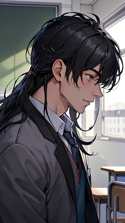 (masterpiece), best quality, ((high quality)), 1boy, beautiful face, handsome, black hair, long hair, wave hair, hair over ears, bangs over eyes, gray eyes, upper body, profile, looking forward, 18 years old boy, school uniform, university, classroom, modernity, portrait, 