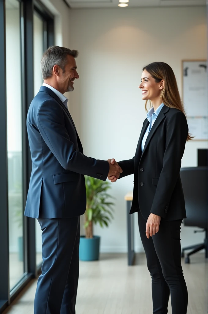 Person standing shaking hands with another 
