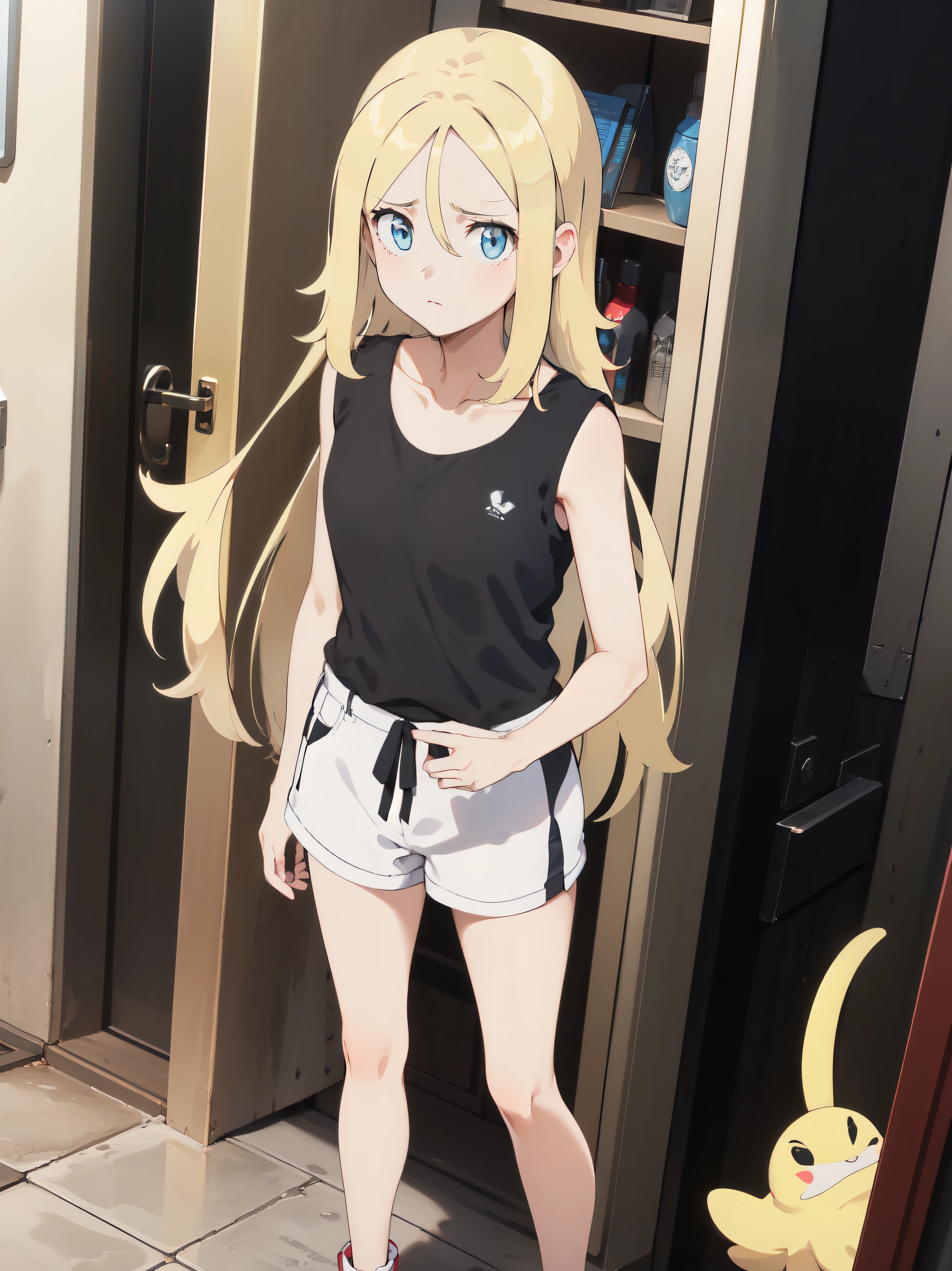 work of art, best qualityer, high resolution, hair blonde, long hair, blue colored eyes, 1 girl, standing alone, eyelash, sleeveless, bangss, clavicle, bare arms, black tee, white fund, front, no scenario, gazing at viewer,trunk, visualizador de front, solid color fund, clean fund, De front para a câmera, high resolution, calm and expressionless face, fund branco, looking away, Simpler_fund