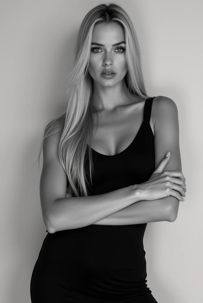 "Generate a high-fashion portrait of a tall, statuesque woman with a strong and confident presence. The subject should have long, straight, blonde hair that falls sleekly down to her waist. Her skin should be smooth and pale, with a porcelain-like complexion. She has striking grey eyes that convey both strength and elegance. The pose is powerful and poised, with the woman standing upright, her arms crossed or gently resting on her sides, and her shoulders back to emphasize her strong posture. She should be wearing minimal clothing or accessories to highlight her figure and the flow of her hair. The image should have a monochromatic, high-contrast look with soft lighting that accentuates the contours of her face and body. The background should be plain, allowing the focus to remain entirely on the subject. The overall mood of the image should be one of timeless beauty and unshakable confidence."