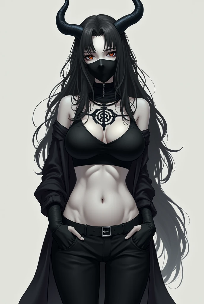 Draw an anthropomorphic female character with a voluptuous figure, including a slim waist and wide hips. She has pale, almost bluish skin, with long, wavy black hair. The character has short horns and wears a black mask covering the upper part of her face. She is dressed in a short black top, exposing part of her abdomen, with a large symbol on the chest. The character also wears long gloves and tight black pants. Her expression is neutral and mysterious, with a confident posture and her hands in her pockets."