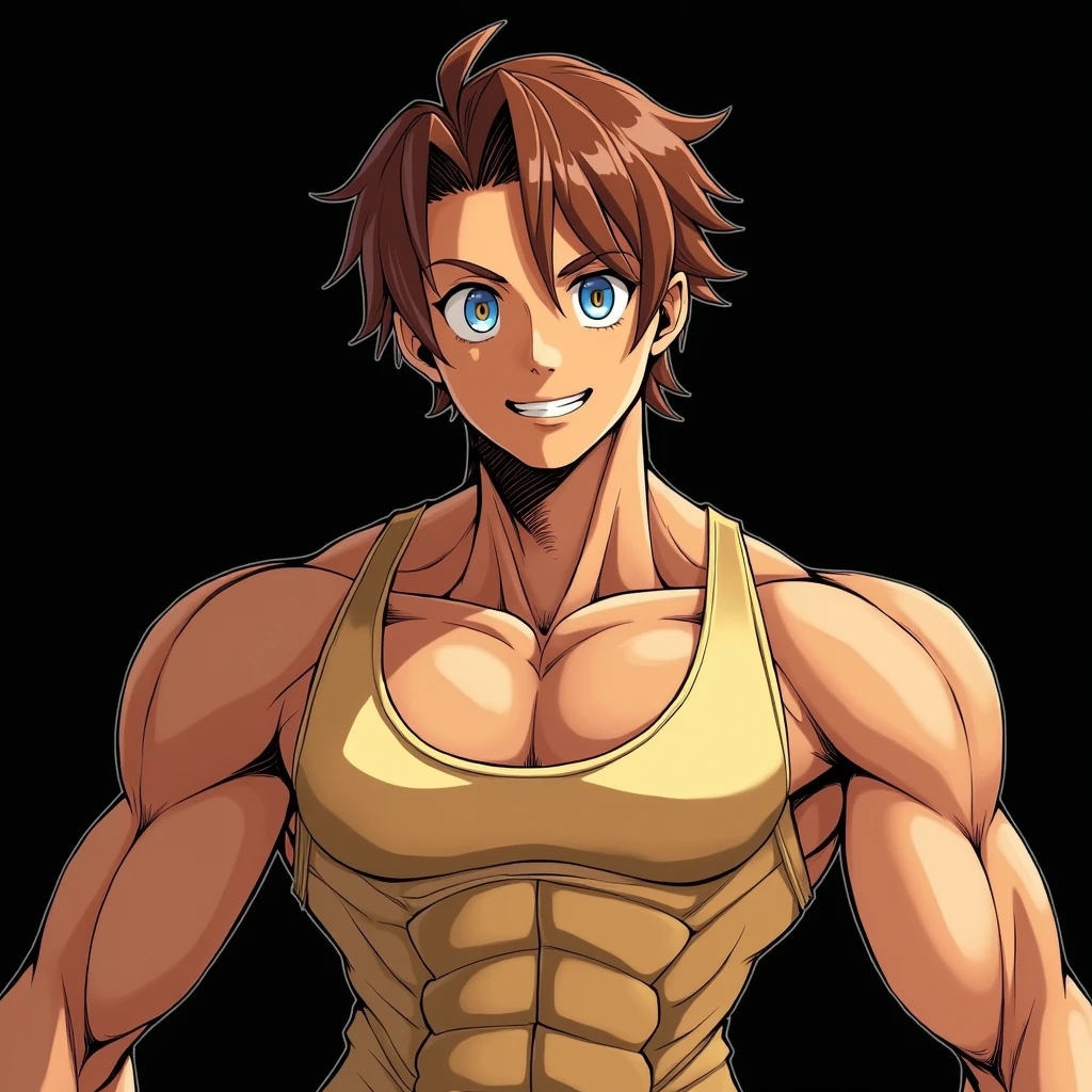 Create an anime-style character with the same appearance as the provided image, holding a dumbbell in each hand. The character should be in a bicep curl pose, showcasing muscles and strength