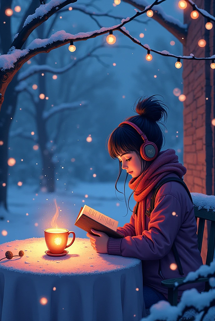 (zero), Girl in the winter garden, Read a book over a cup of coffee, Wear headphones, Wear a shawl, , Cozy night light, Snowy day neon scenery, Analog Color Theme, Lo-fi hip hop , review, flat, 2.5D ,Draw a line, Ink painting, Large slope, Watercolor, Goosh Colors, Studio Ghibli Style, Great colorful, Outerton, Synthwave, Lofi Art,90s Style,Old Texture, amplitude,90s vibe, Tabletop, Great technology, 16:9 Scale